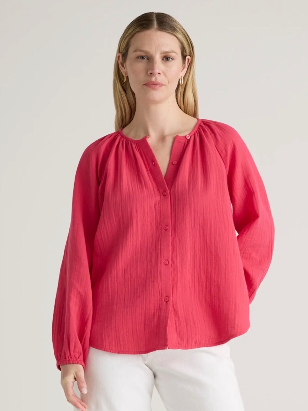 Quince cotton gauze button down blouse size Large pink